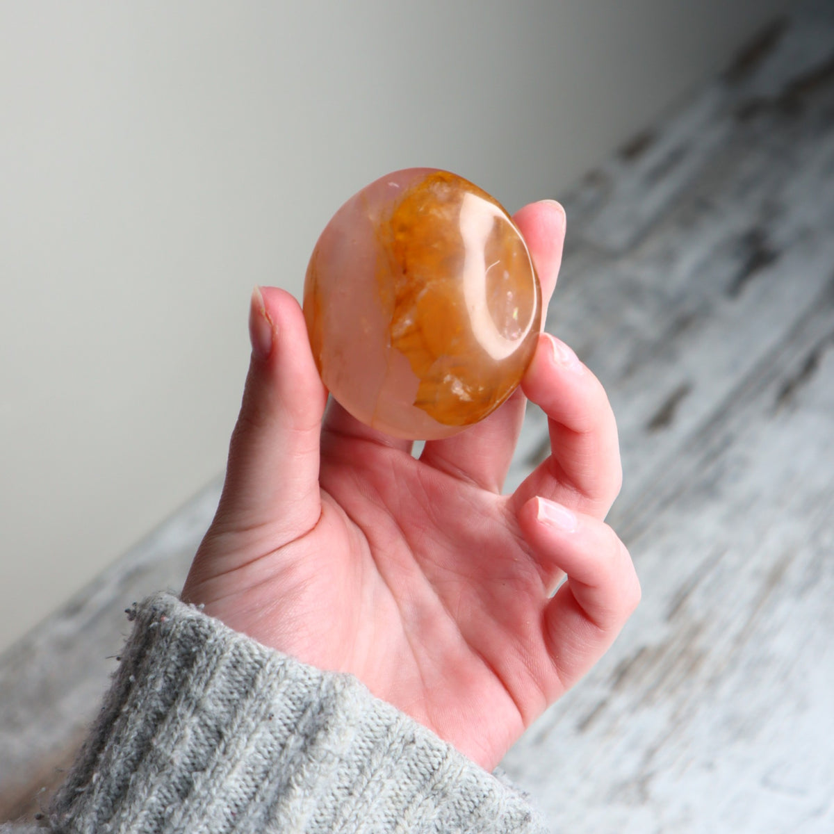 Hematoid Quartz Palm Stone | Golden Light, Grounding & Inner Strength