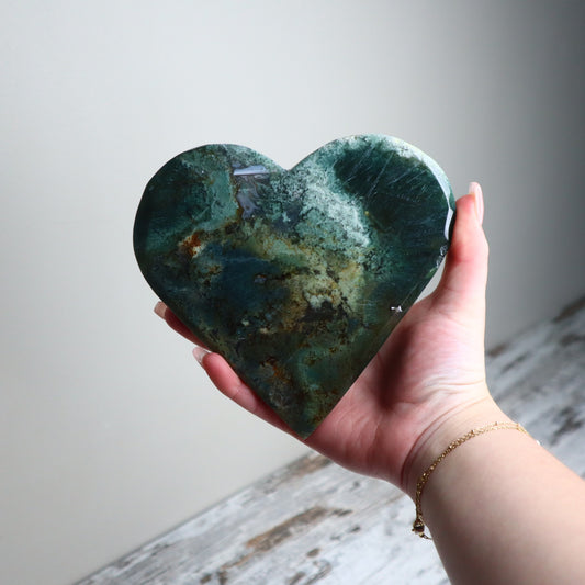 Moss Agate Heart Carving | Deep Forest Green | Emotional Balance