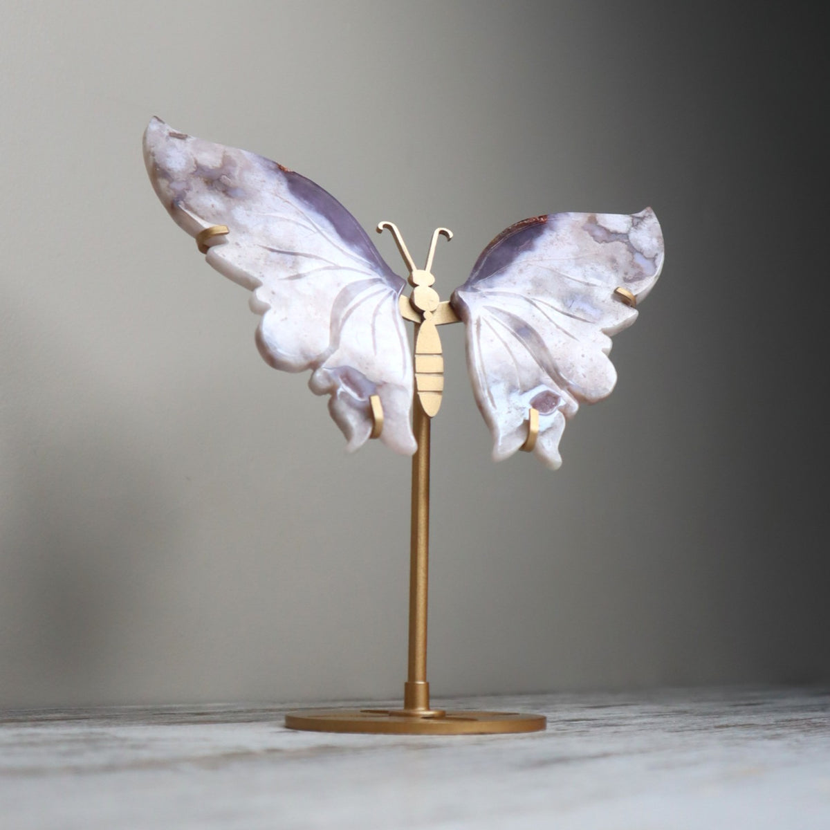 Blue Flower Agate Butterfly Wings on Stand | Serenity, Intuition & Soulful Growth