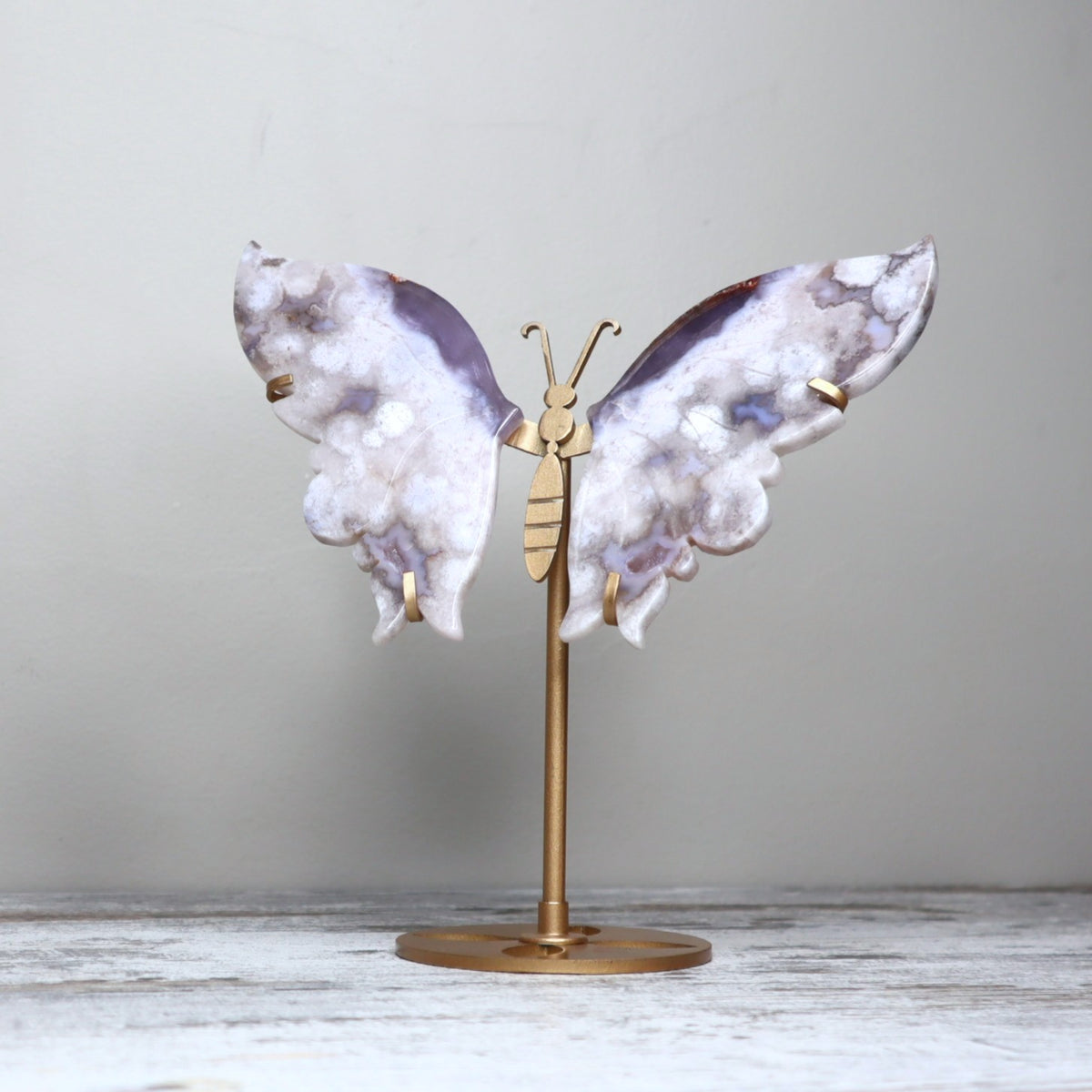 Blue Flower Agate Butterfly Wings on Stand | Serenity, Intuition & Soulful Growth
