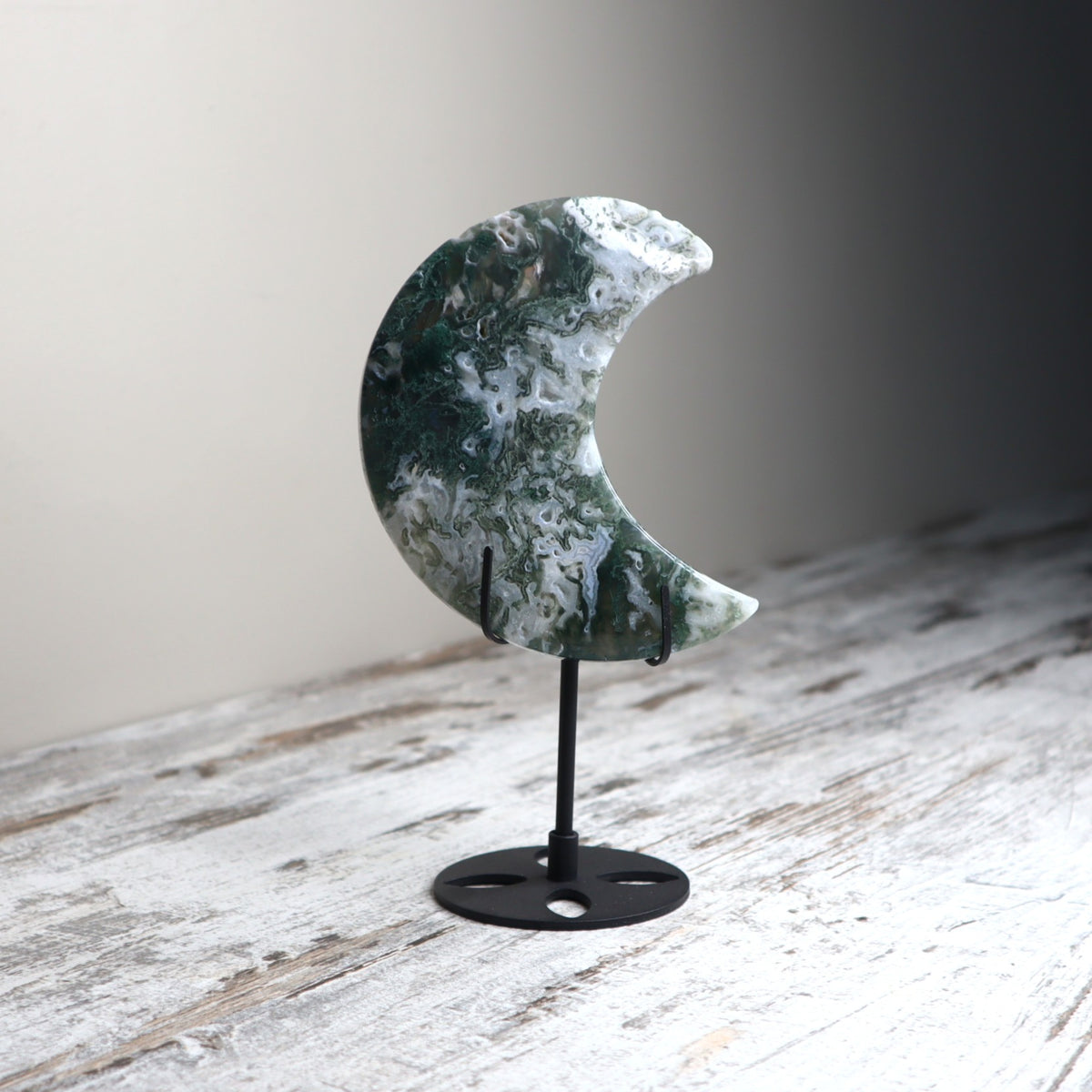 Moss Agate Crescent Moon with Stand | Growth, Harmony & New Beginnings