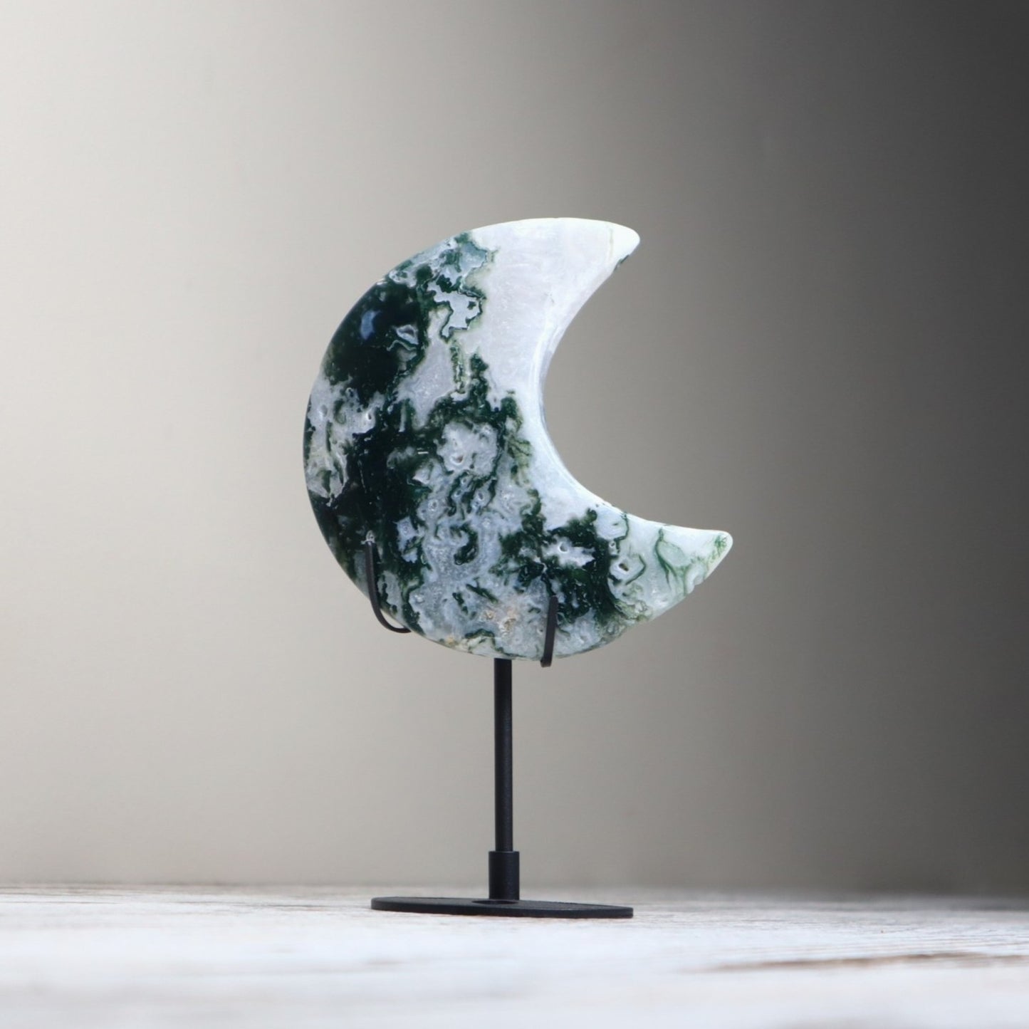 Moss Agate Crescent Moon with Stand | Renewal, Abundance & Earth Connection