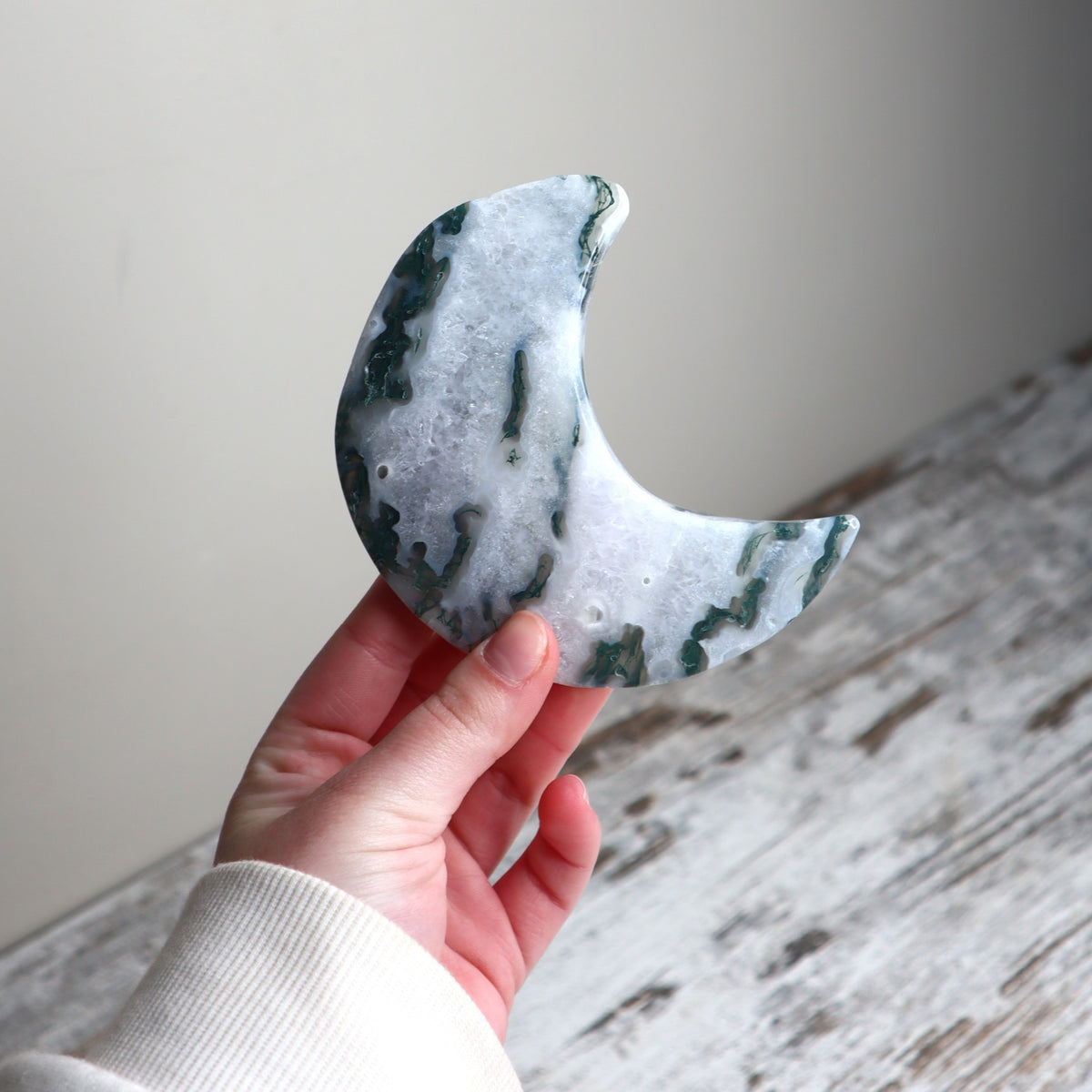 Moss Agate Crescent Moon with Stand | Growth, Grounding & New Beginnings