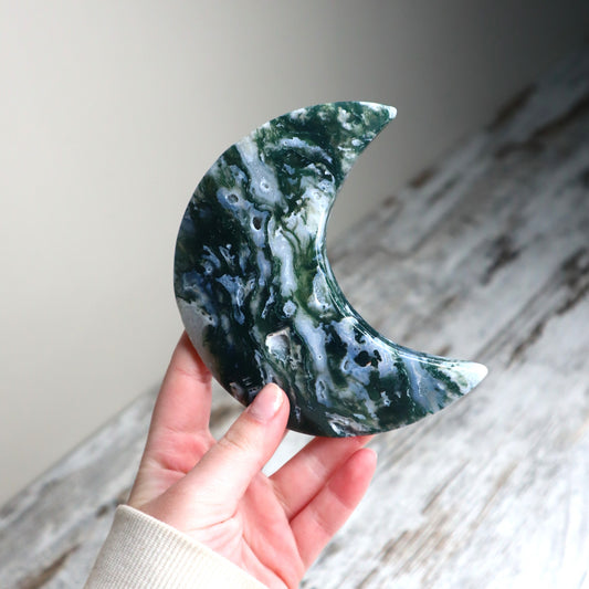 Moss Agate Crescent Moon with Stand | New Beginnings, Grounding & Growth