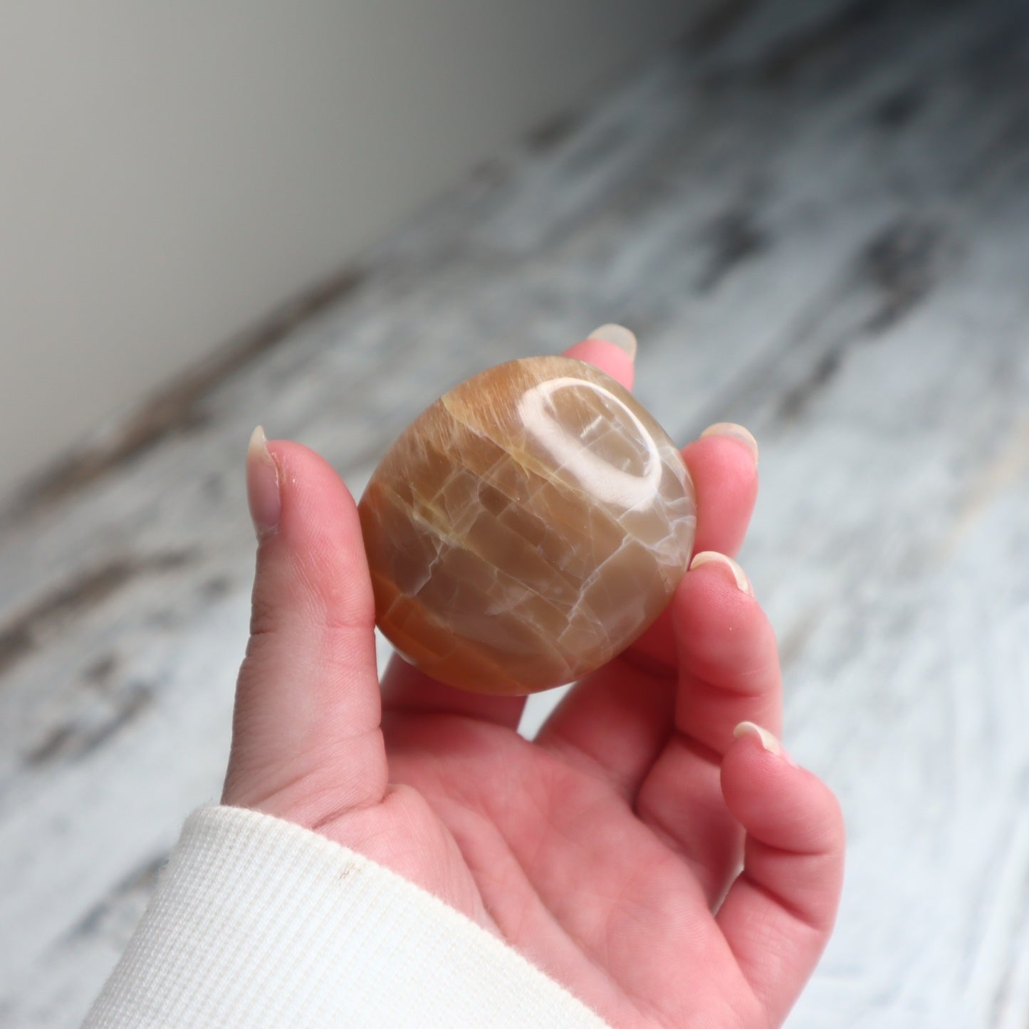 Peach Moonstone Palm Stone | Emotional Balance, Self-Worth & Gentle Strength
