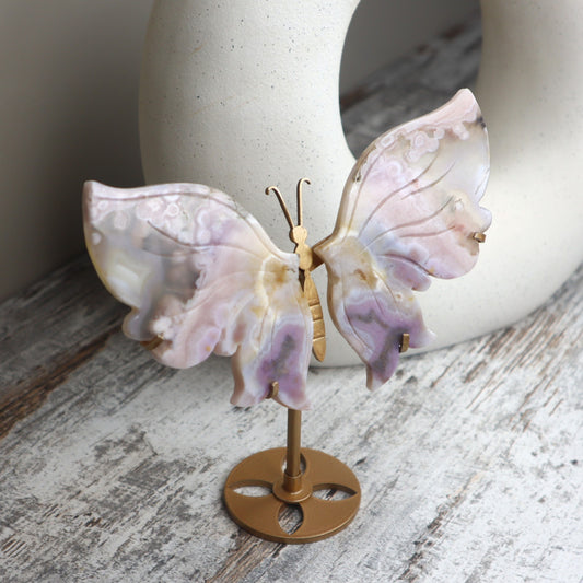 Pink Lavender Flower Agate Butterfly Wings on Stand | Growth, Softness & Emotional Renewal