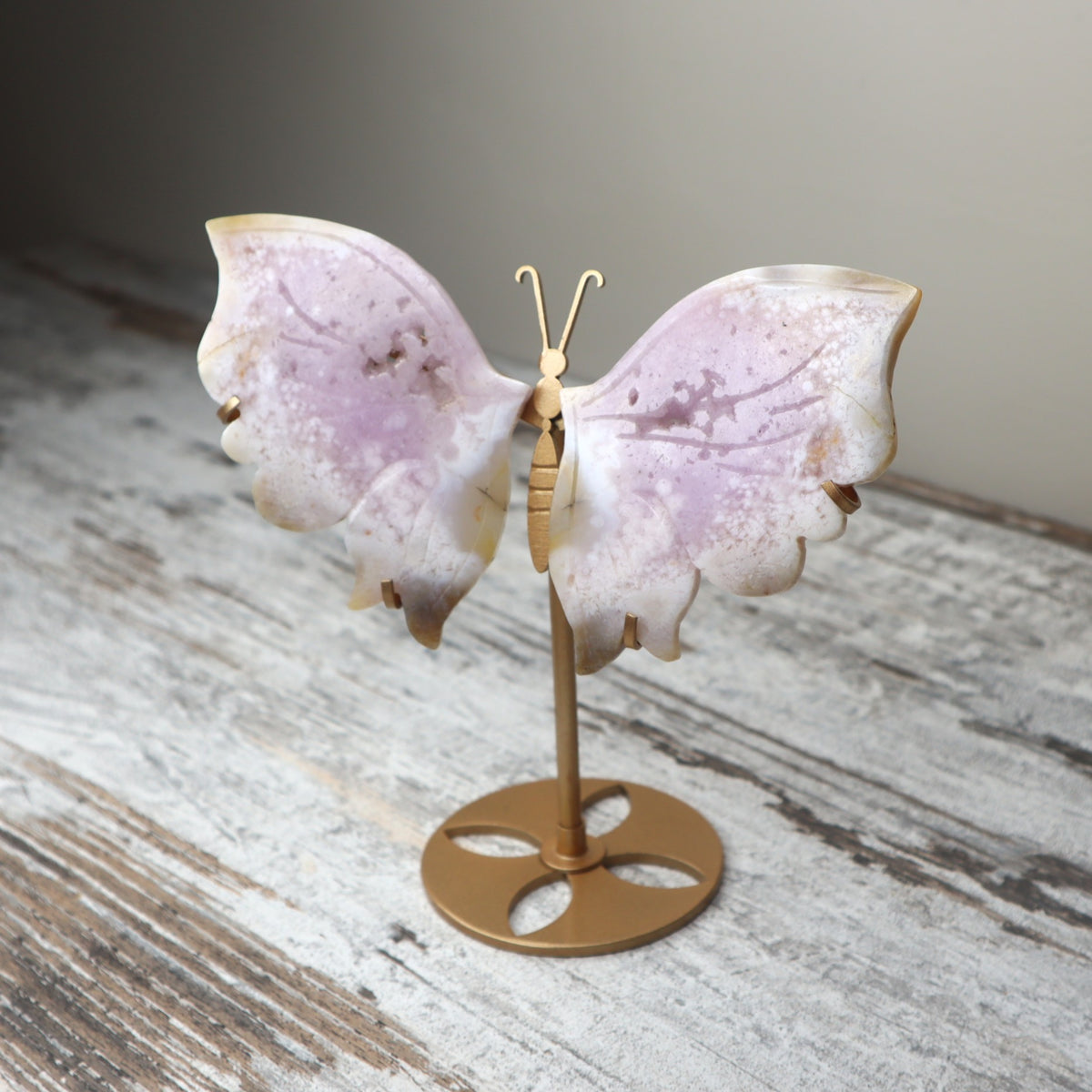 Pink Flower Agate Butterfly Wings on Stand | Growth, Heart Healing & New Beginnings