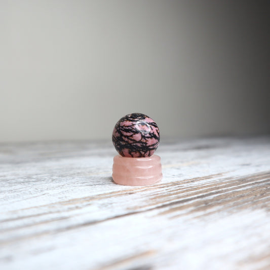 Rhodonite Mini Sphere on Rose Quartz Stand