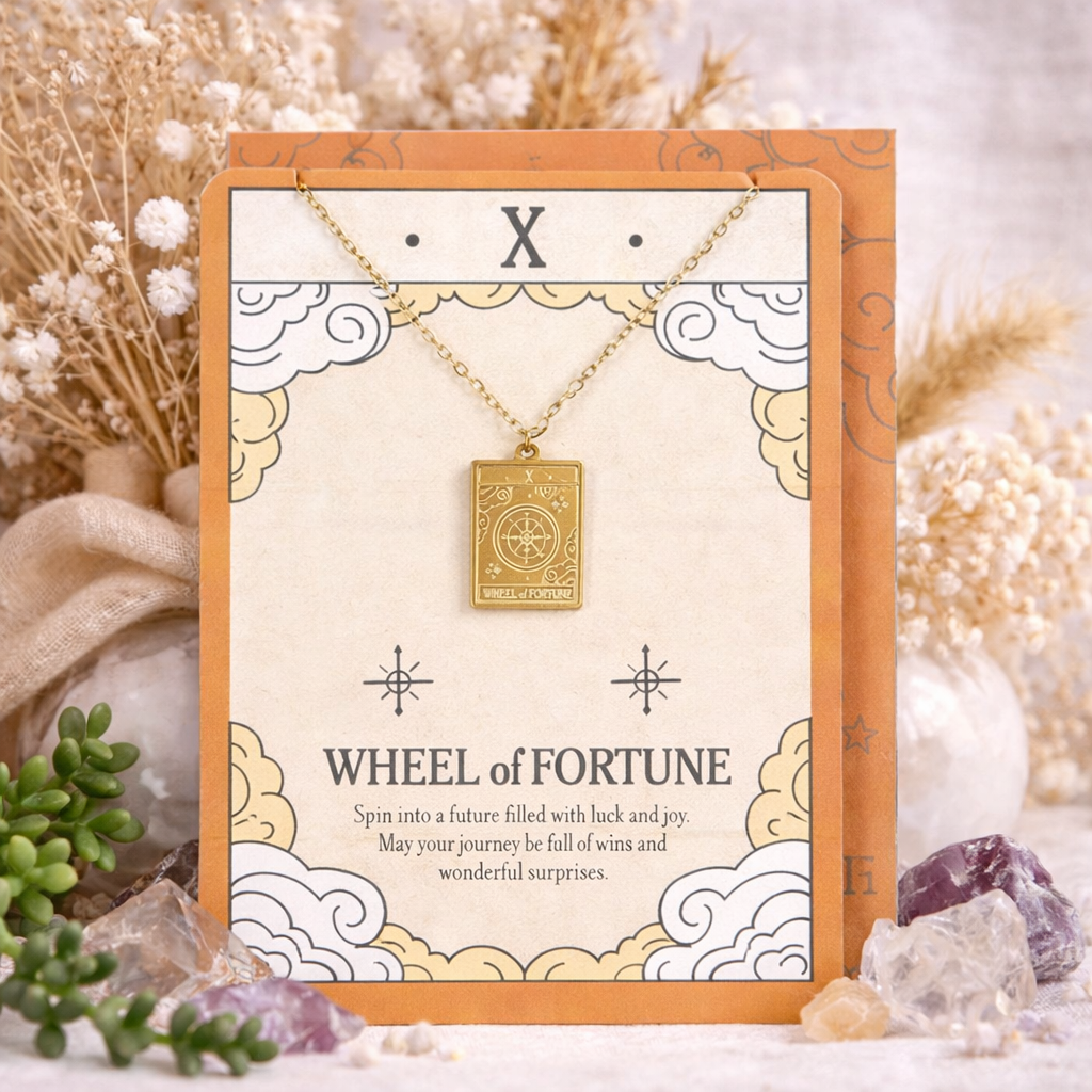 Wheel Of Fortune Tarot Necklace Greeting Card | Luck, Destiny & New Beginnings