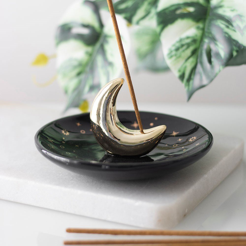 Gold Crescent Moon Incense Stick Holder | Lunar Magic, Intuition &amp; Sacred Stillness