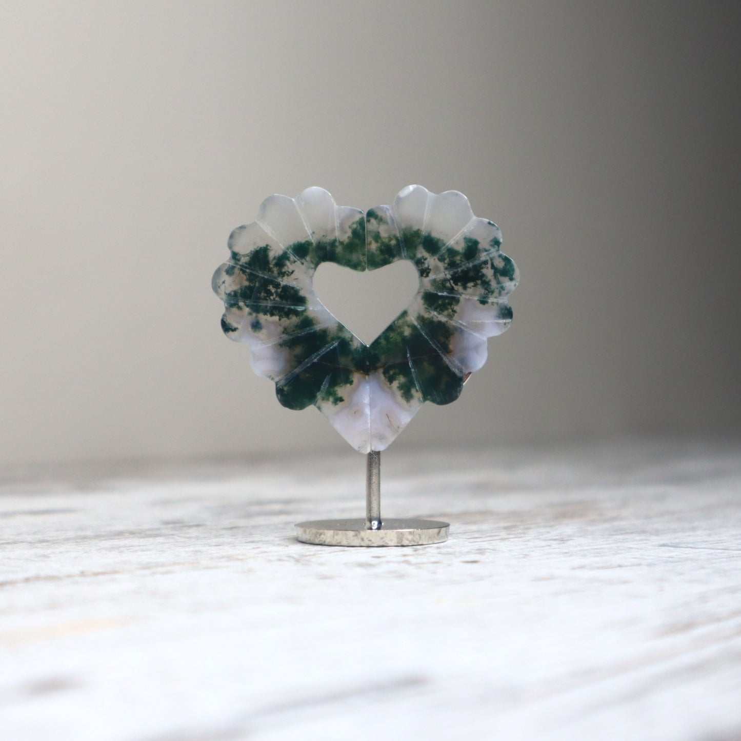 Moss Agate Heart on Stand | Growth, Balance & New Beginnings