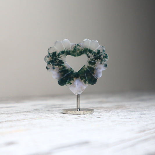 Moss Agate Heart on Stand | Growth, Balance & New Beginnings