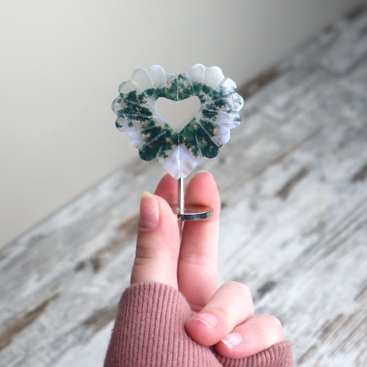Moss Agate Heart on Stand | Growth, Balance & New Beginnings