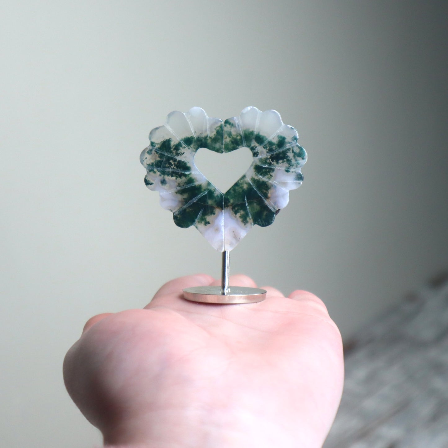 Moss Agate Heart on Stand | Growth, Balance & New Beginnings