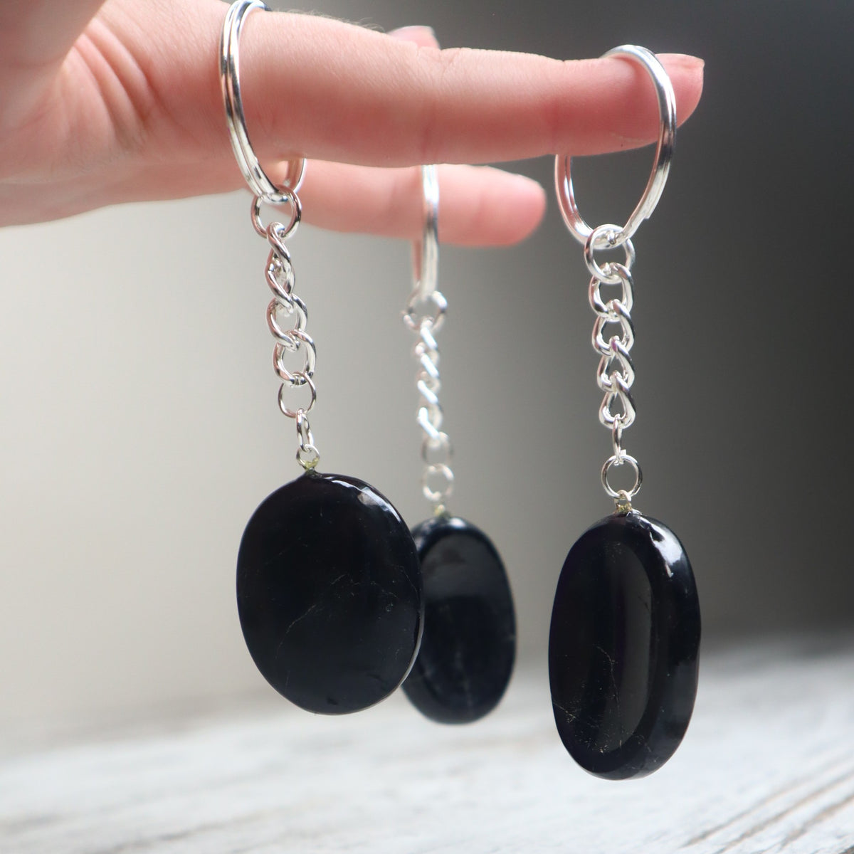 Black Tourmaline Worry Stone Keychain | Protection, Grounding &amp; Energy Shield