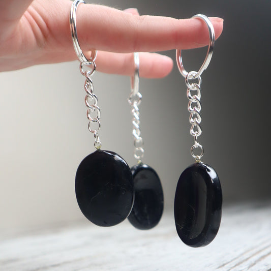 Black Tourmaline Worry Stone Keychain | Protection, Grounding & Energy Shield