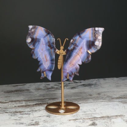 Blue Banded Agate Butterfly Wings on Stand | Calm, Balance & Gentle Growth