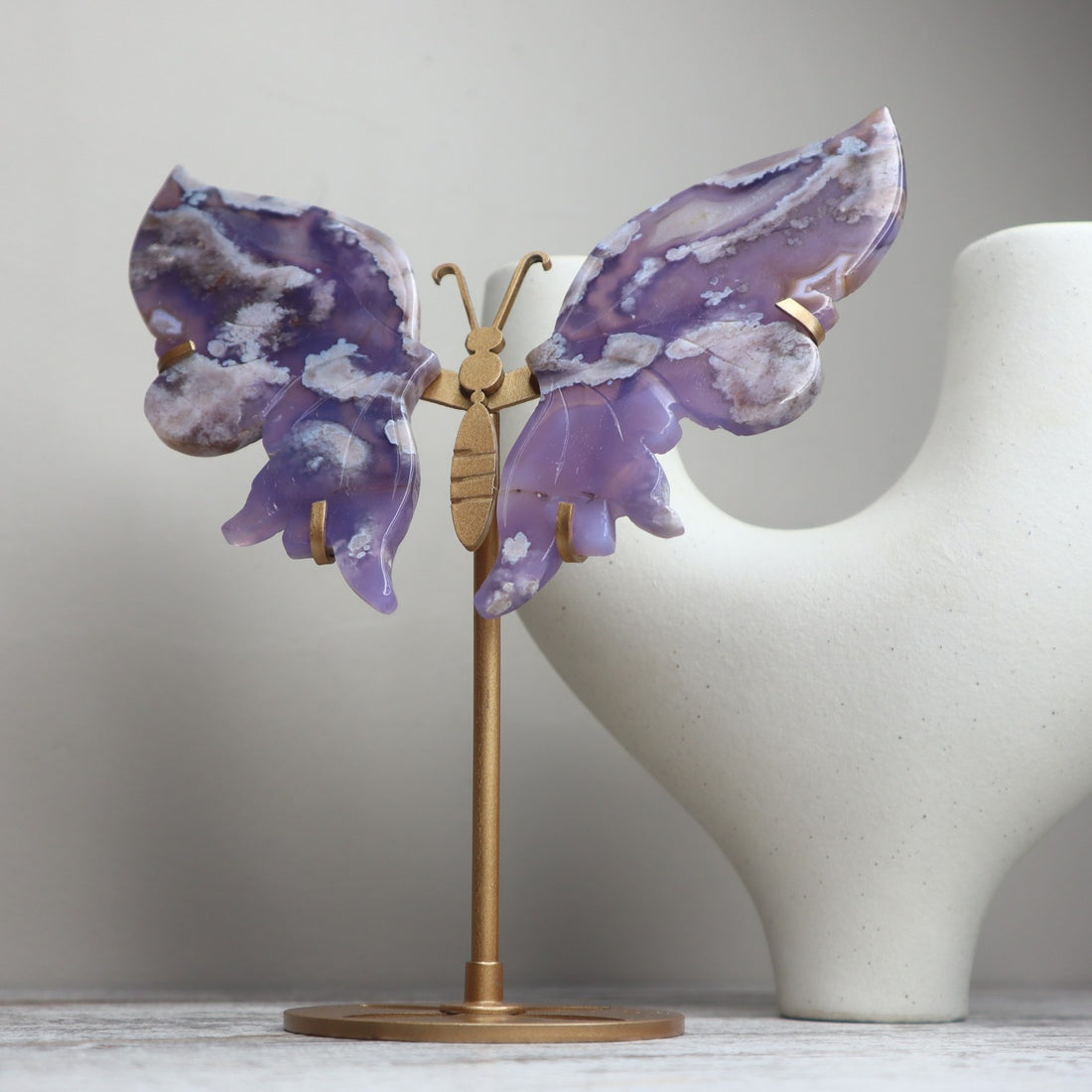 Blue Flower Agate Butterfly Wings on Stand | Growth, Calm &amp; Gentle Becoming