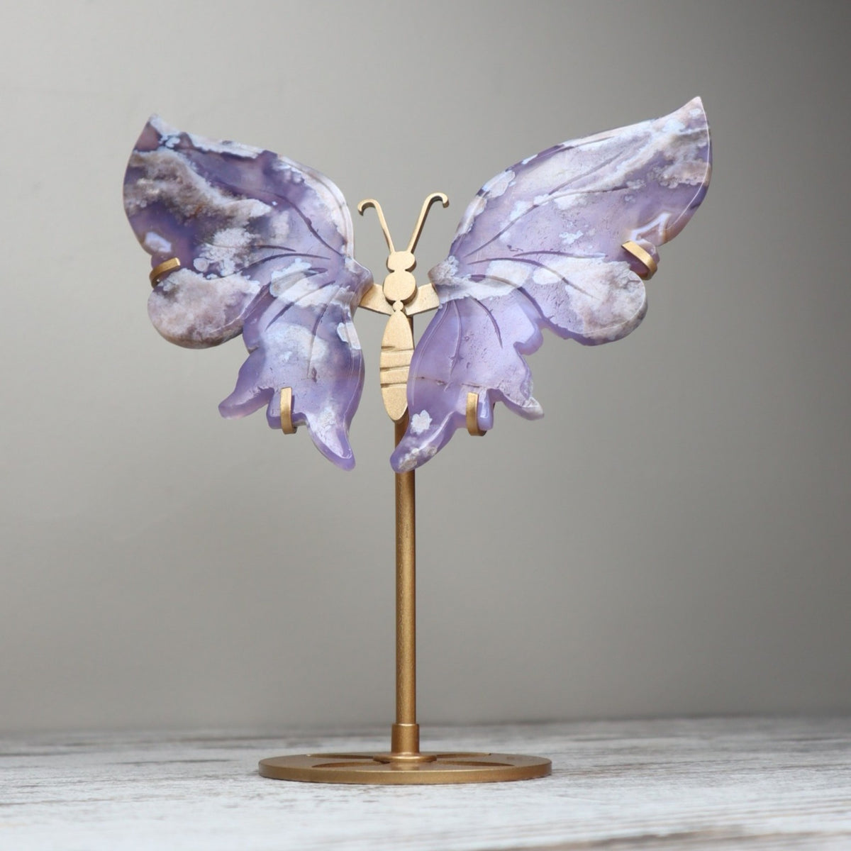 Blue Flower Agate Butterfly Wings on Stand | Growth, Calm &amp; Gentle Becoming