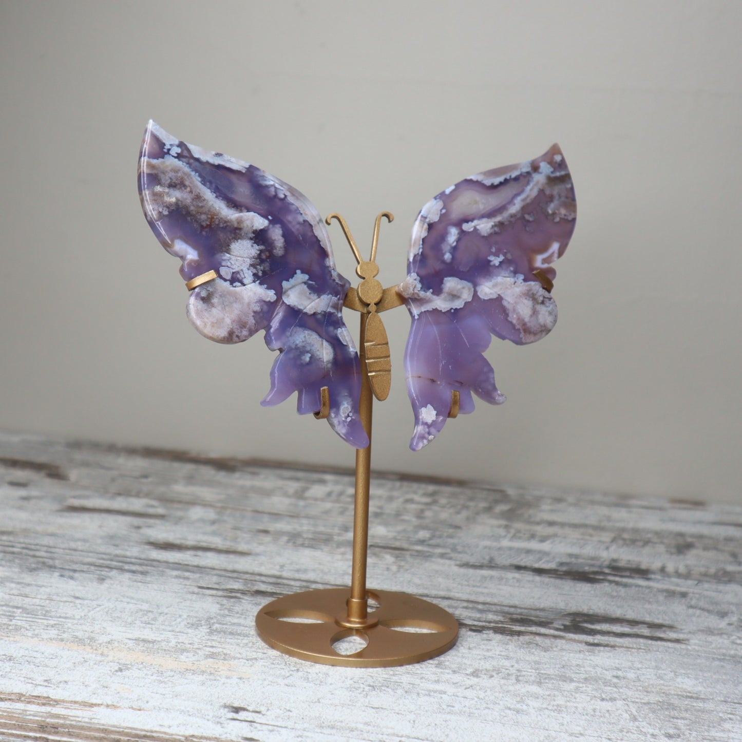 Blue Flower Agate Butterfly Wings on Stand | Growth, Calm & Gentle Becoming