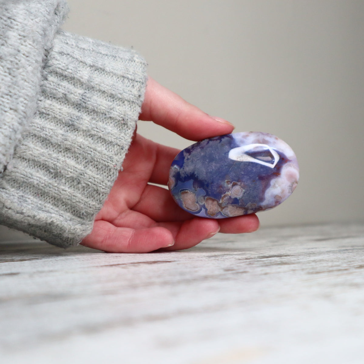 Blue Flower Agate Palm Stone | Inner Growth, Calm &amp; New Beginnings