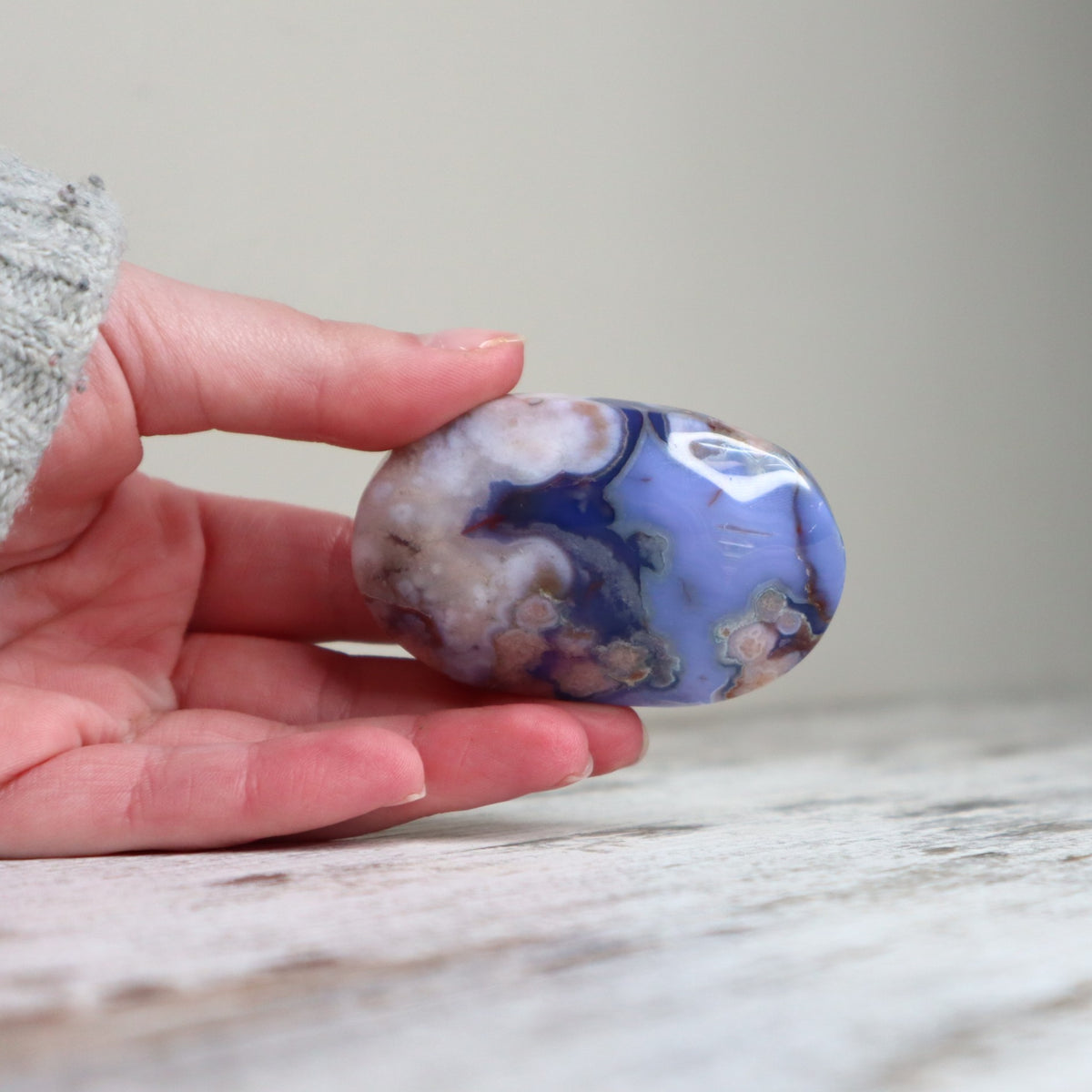 Blue Flower Agate Palm Stone | Inner Growth, Calm &amp; New Beginnings