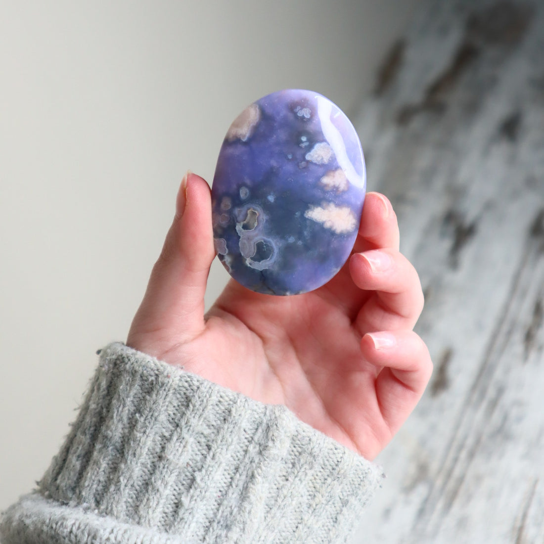 Blue Flower Agate Palm Stone | Gentle Growth, Serenity &amp; Self-Discovery