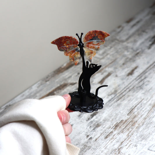 Crazy Lace Agate Cat & Butterfly Display | Joy, Curiosity & Positive Transformation