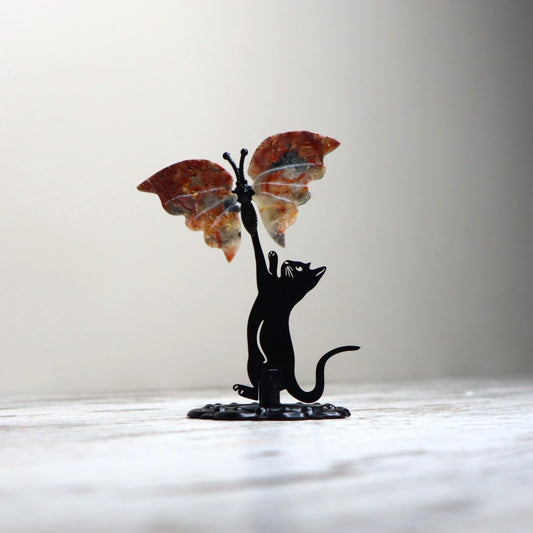 Crazy Lace Agate Cat & Butterfly Display | Joy, Curiosity & Positive Transformation