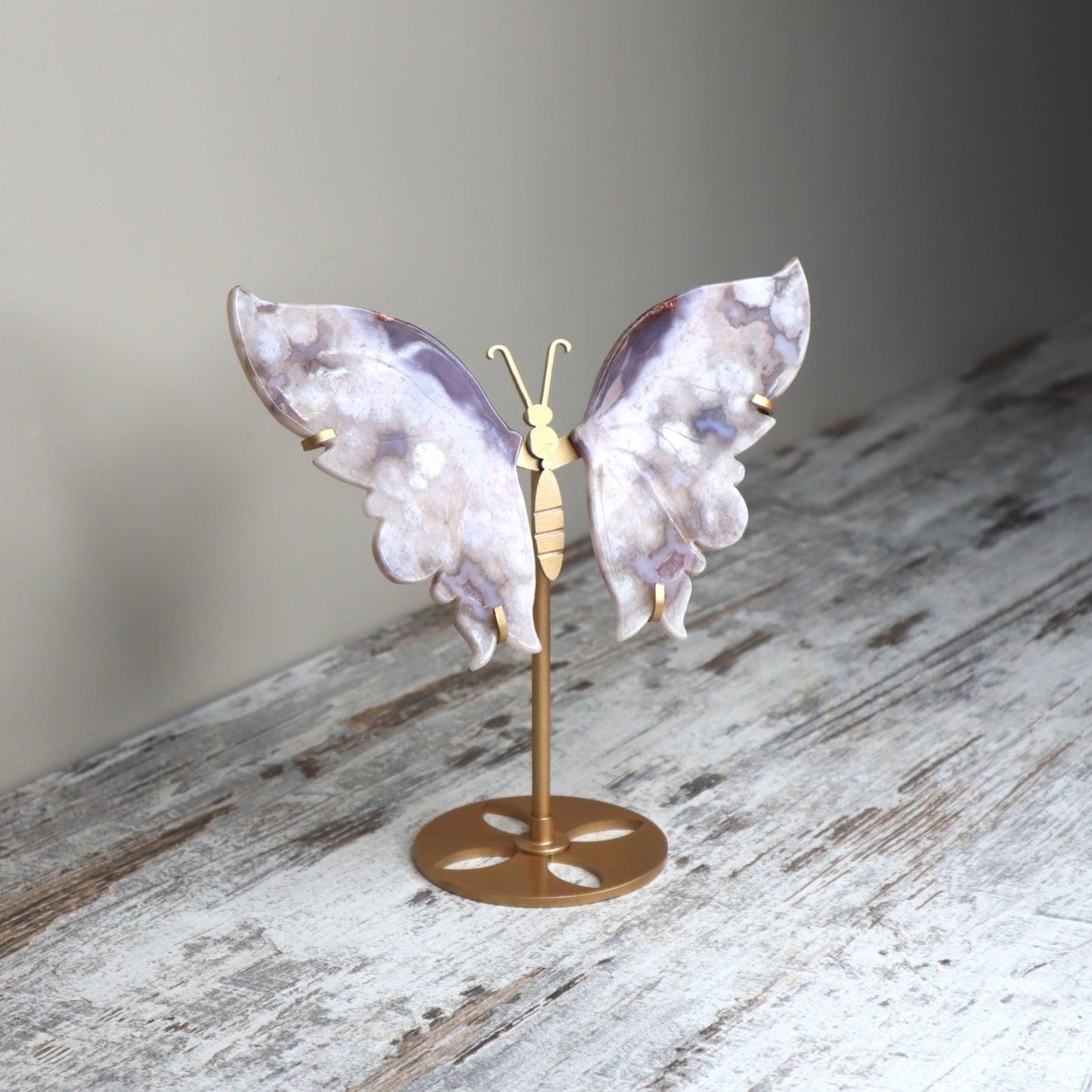Blue Flower Agate Butterfly Wings on Stand | Serenity, Intuition & Soulful Growth