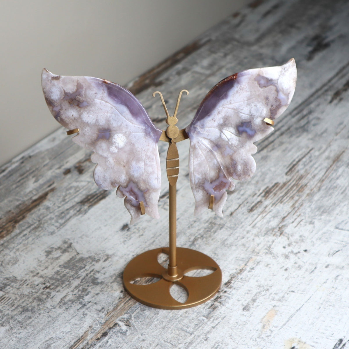 Blue Flower Agate Butterfly Wings on Stand | Serenity, Intuition &amp; Soulful Growth