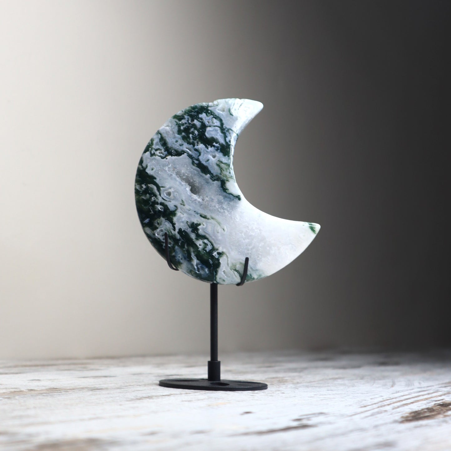 Moss Agate Crescent Moon with Stand | Renewal, Abundance & Earth Connection