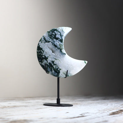 Moss Agate Crescent Moon with Stand | Renewal, Abundance & Earth Connection