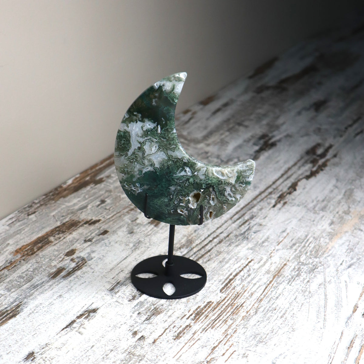 Moss Agate Crescent Moon with Stand | Growth, Harmony &amp; New Beginnings