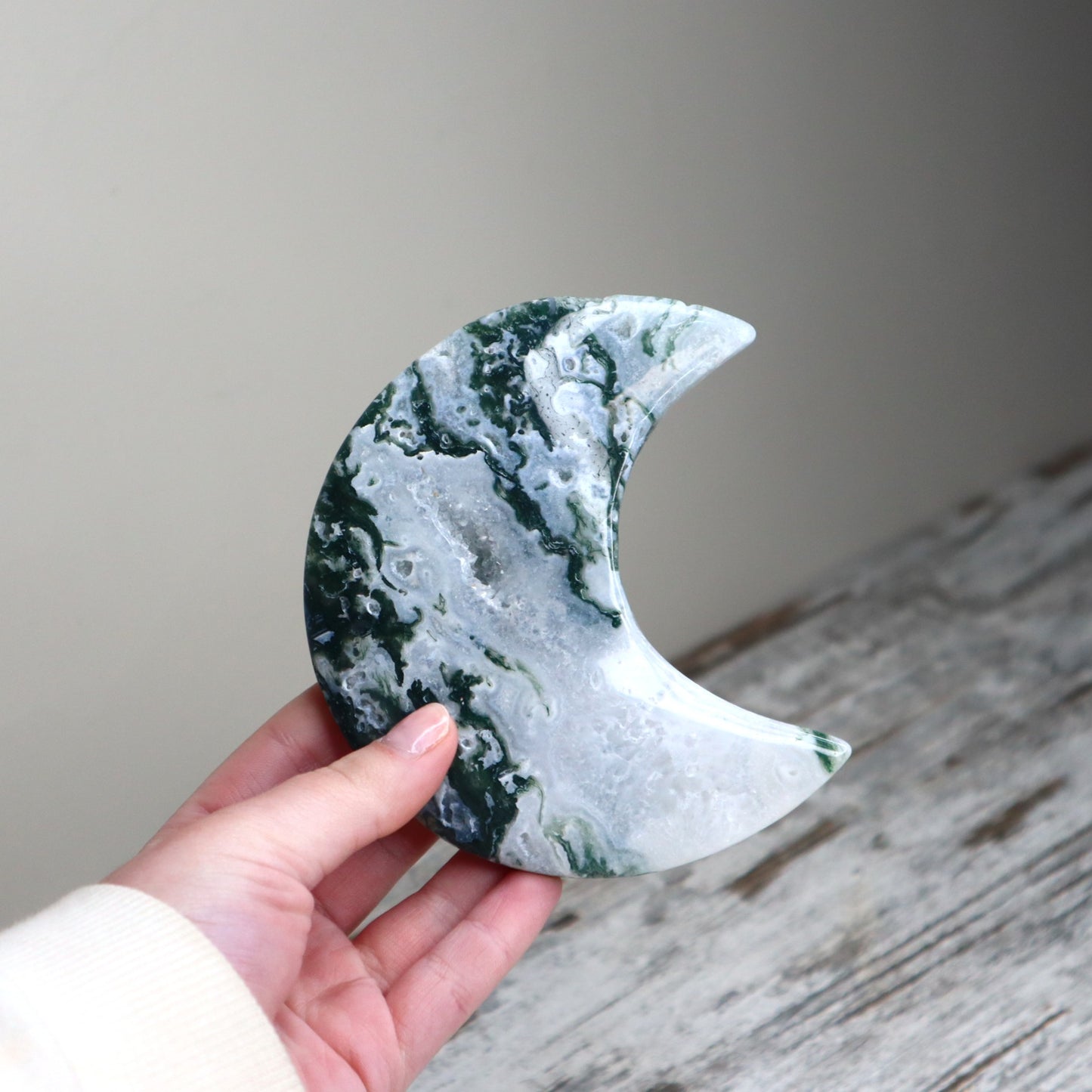 Moss Agate Crescent Moon with Stand | Renewal, Abundance & Earth Connection