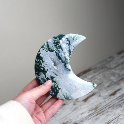 Moss Agate Crescent Moon with Stand | Renewal, Abundance & Earth Connection