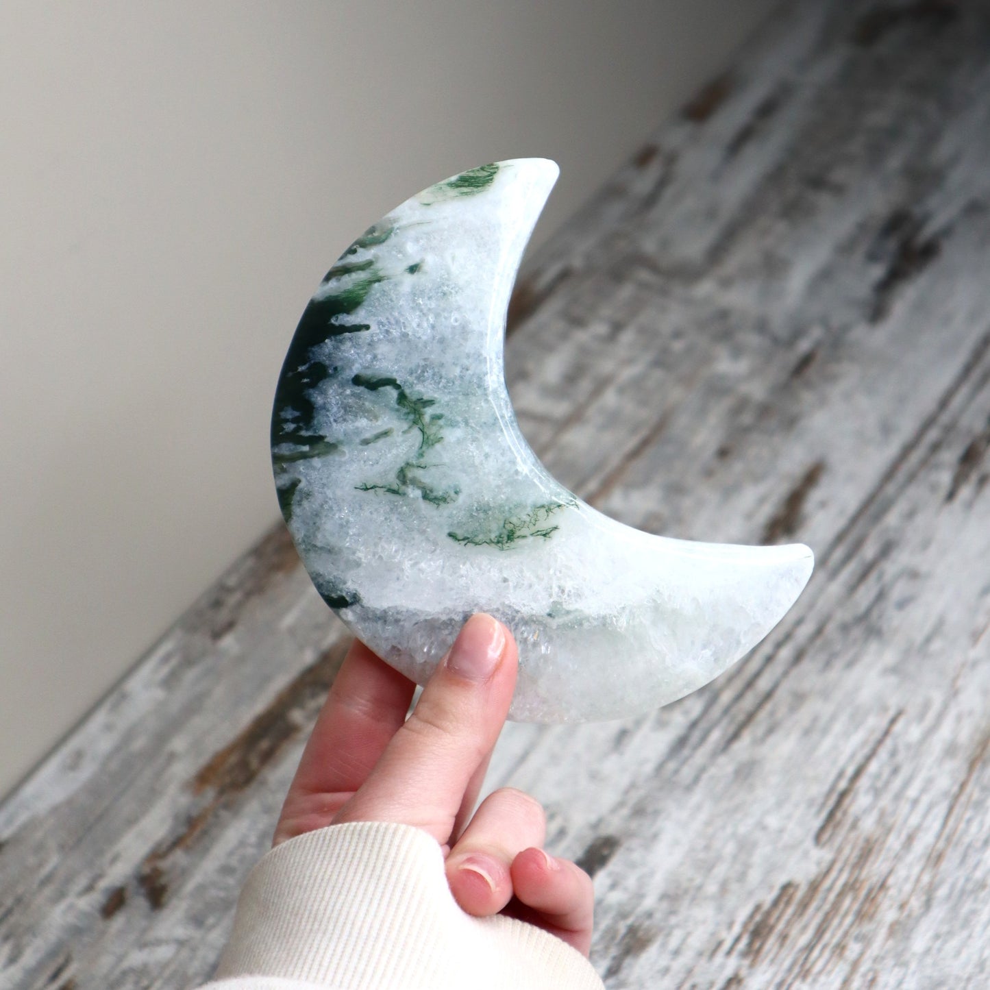 Moss Agate Crescent Moon with Stand | New Beginnings, Growth & Abundance