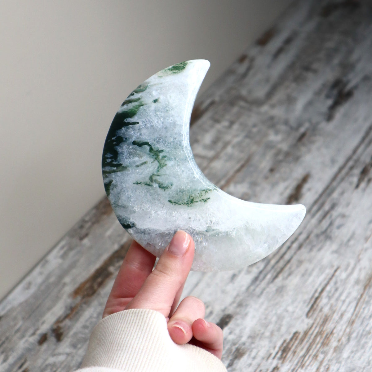 Moss Agate Crescent Moon with Stand | New Beginnings, Growth &amp; Abundance