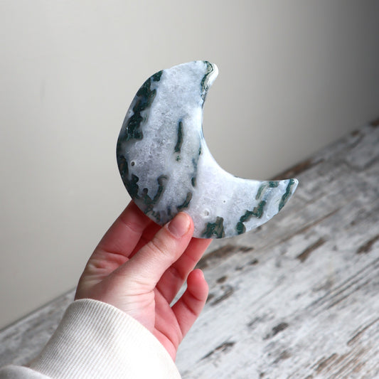 Moss Agate Crescent Moon with Stand | Growth, Grounding & New Beginnings