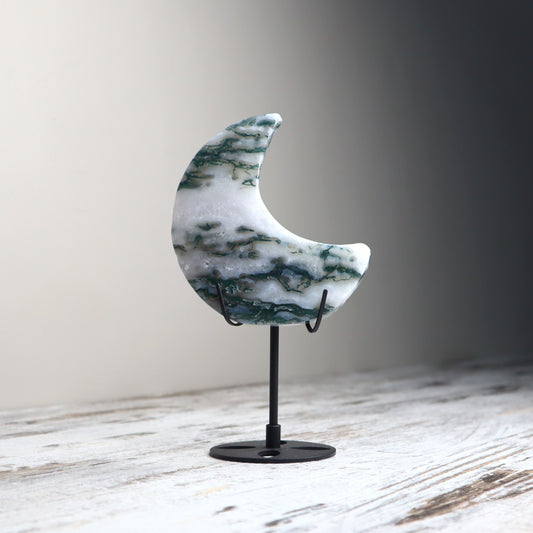 Moss Agate Crescent Moon with Stand | Growth, Grounding & New Beginnings