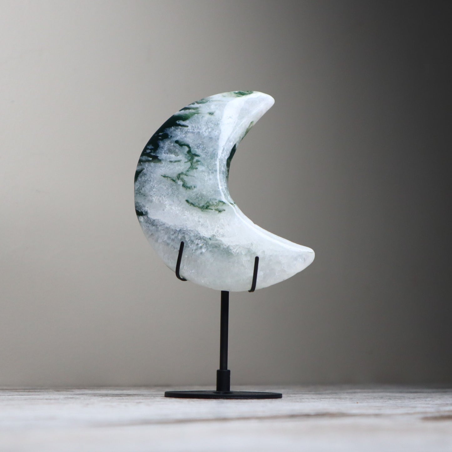 Moss Agate Crescent Moon with Stand | New Beginnings, Growth & Abundance