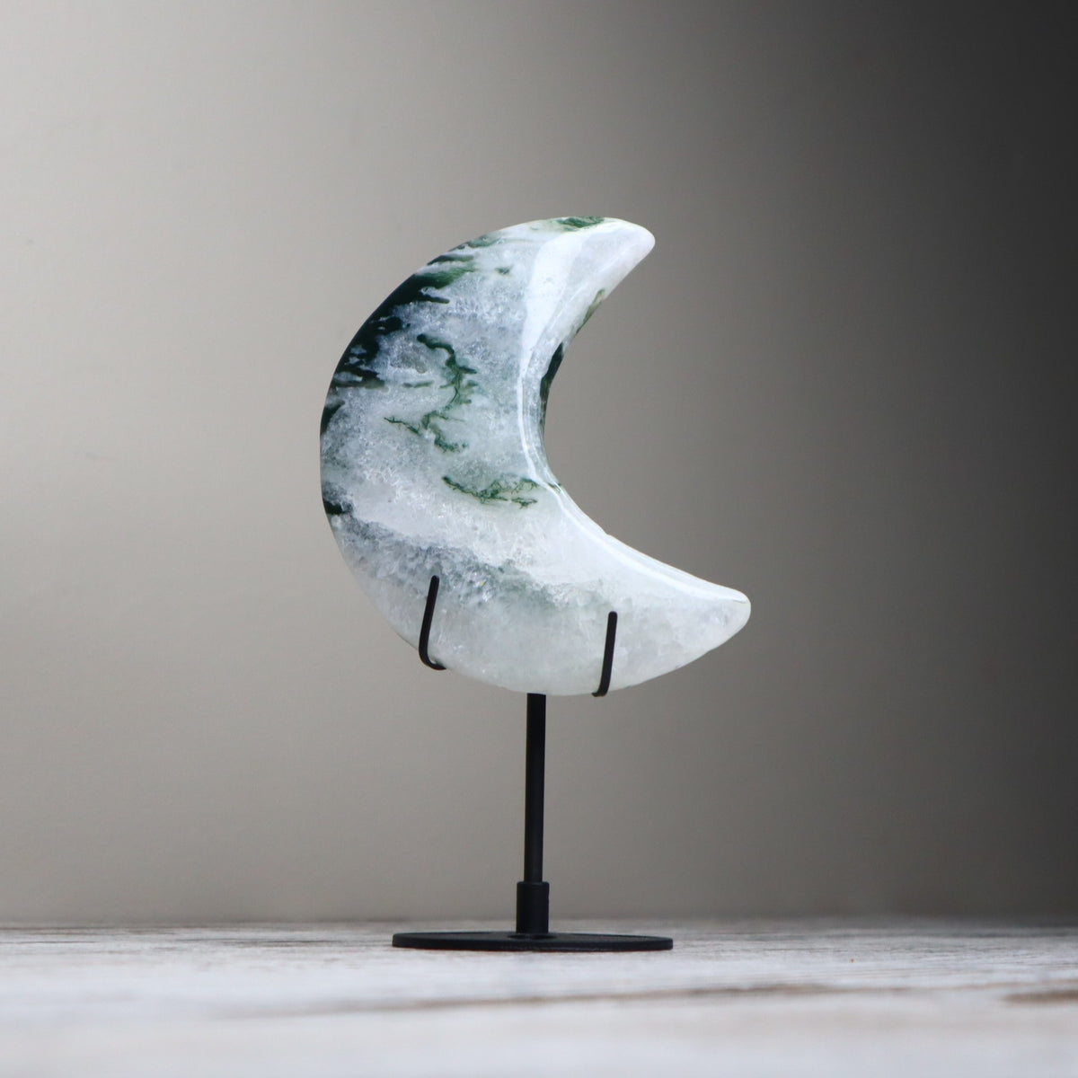 Moss Agate Crescent Moon with Stand | New Beginnings, Growth &amp; Abundance