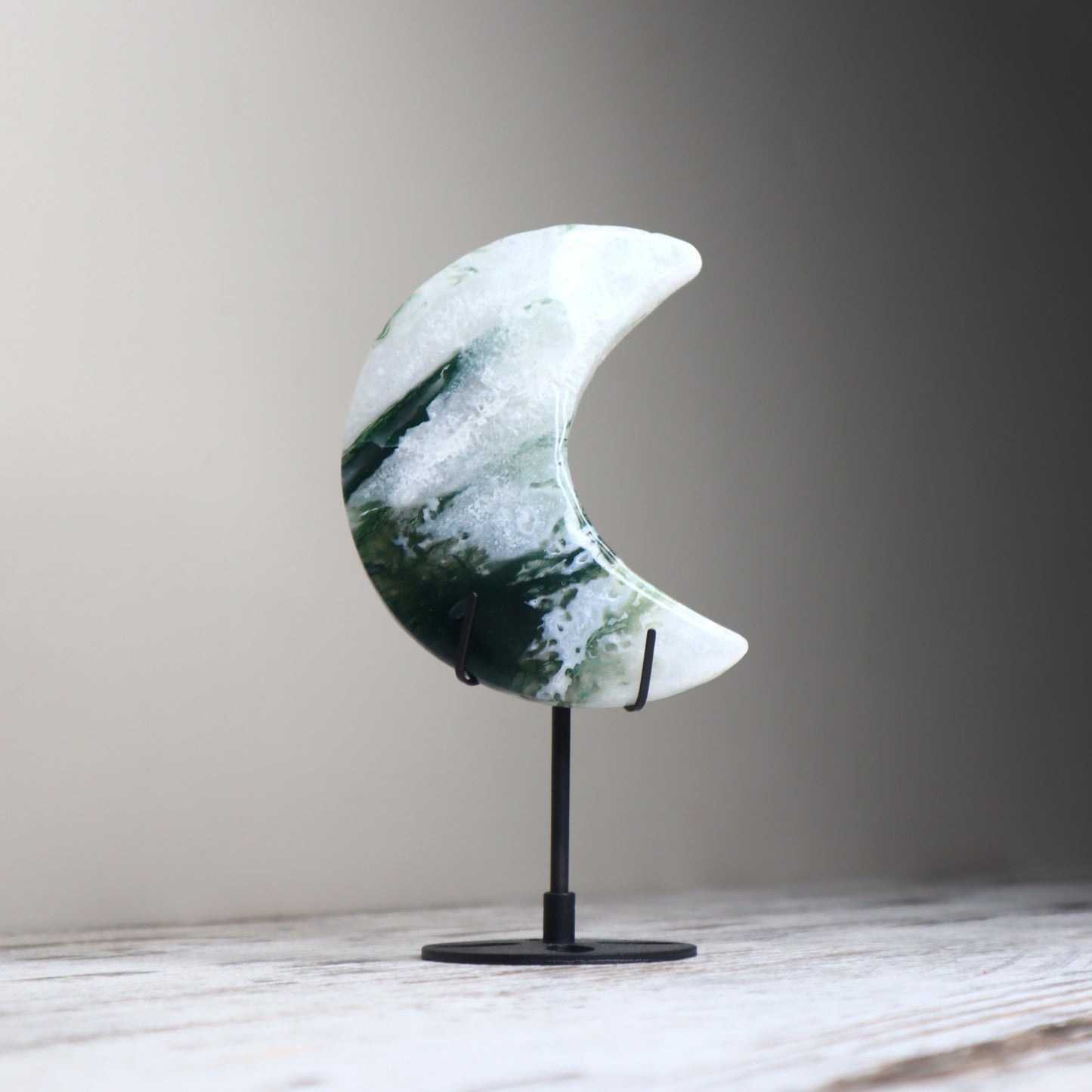 Moss Agate Crescent Moon with Stand | New Beginnings, Growth & Abundance
