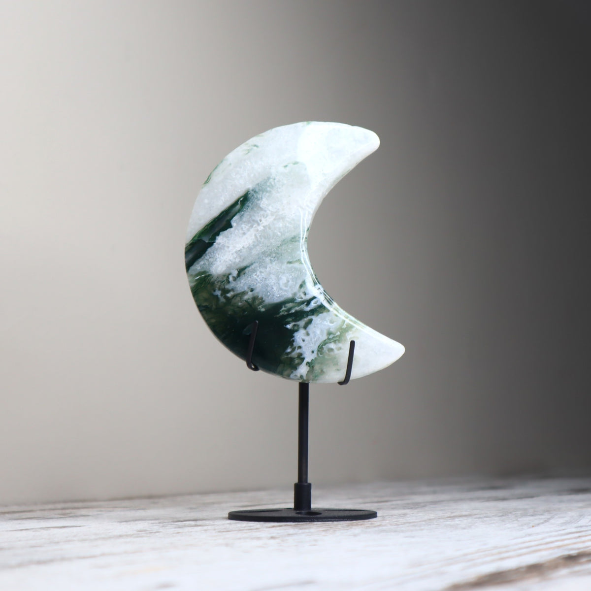 Moss Agate Crescent Moon with Stand | New Beginnings, Growth &amp; Abundance