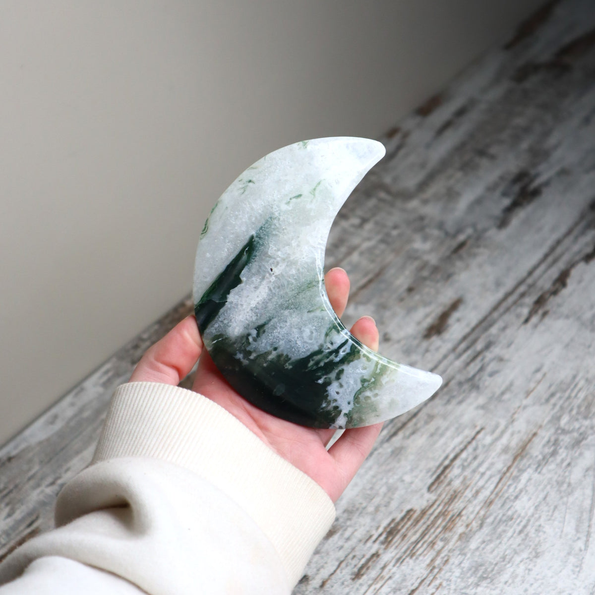 Moss Agate Crescent Moon with Stand | New Beginnings, Growth &amp; Abundance