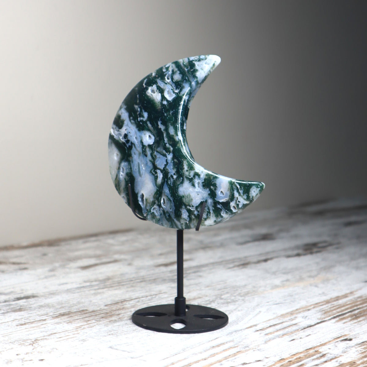 Moss Agate Crescent Moon with Stand | New Beginnings, Grounding &amp; Growth
