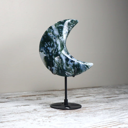 Moss Agate Crescent Moon with Stand | New Beginnings, Grounding & Growth
