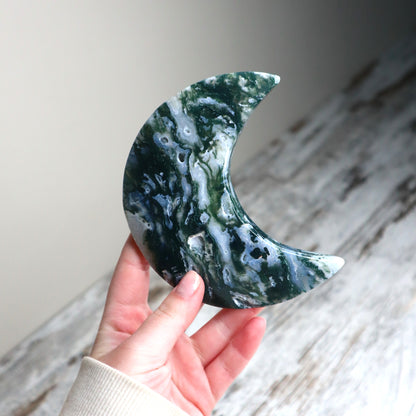 Moss Agate Crescent Moon with Stand | New Beginnings, Grounding & Growth