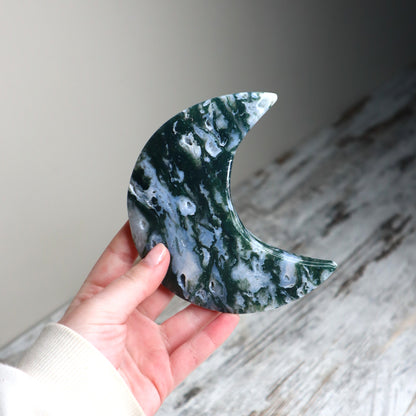 Moss Agate Crescent Moon with Stand | New Beginnings, Grounding & Growth