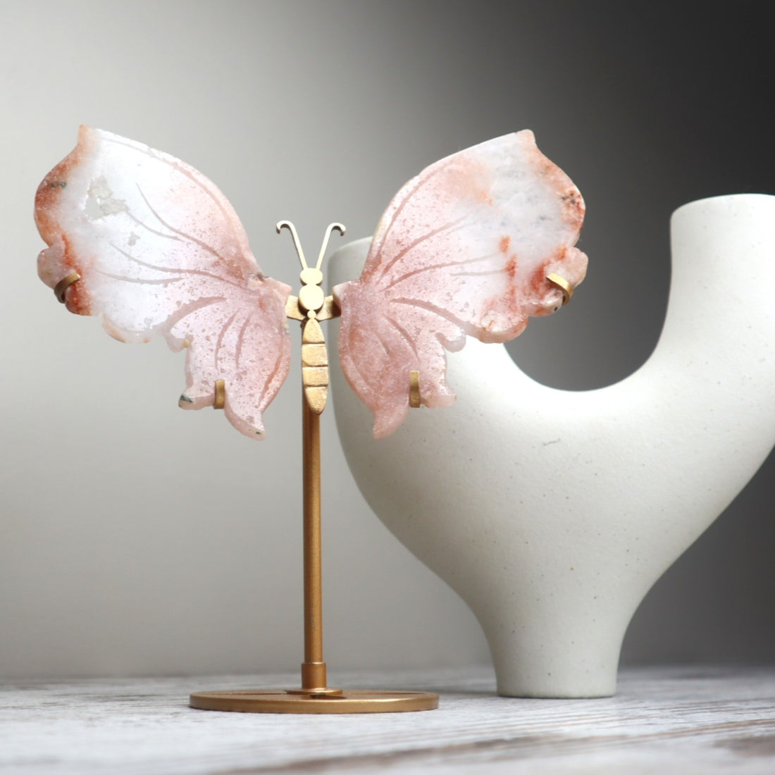 Pink Amethyst Flower Agate Butterfly Wings on Stand | Calm, Healing &amp; Heart Awakening